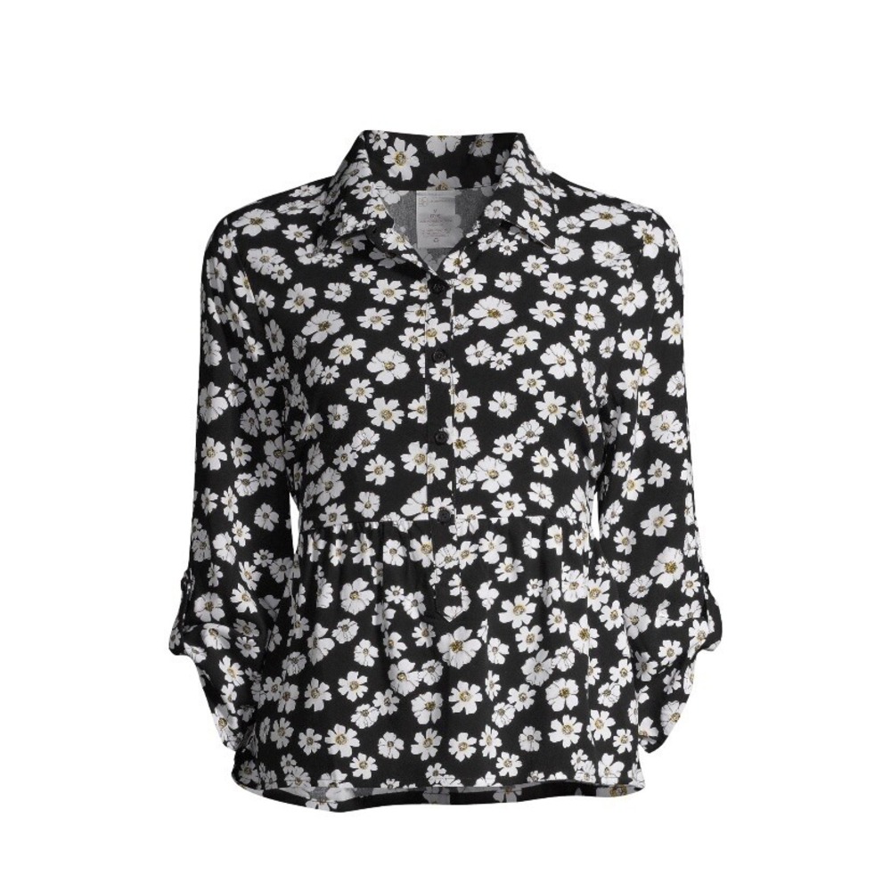 No Boundaries Print Babydoll Junior Top New with Tags Floral XS 1 Black Yellow